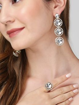 OOMPH - Gold Kundan Drop Earrings And Ring Set - Jadau Round Design - Indo-Western Look