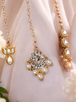 OOMPH - Gold Tone Kundan And Pearls Floral Wedding Delicate Maangtikkas (Pack of 3)