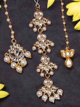 OOMPH - Gold Tone Kundan And Pearls Floral Wedding Delicate Maangtikkas (Pack of 3)