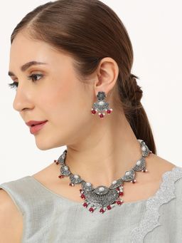 OOMPH - Oxidised Silver Tone Red Maroon Stones And Pearls Necklace Set With Drop Earrings