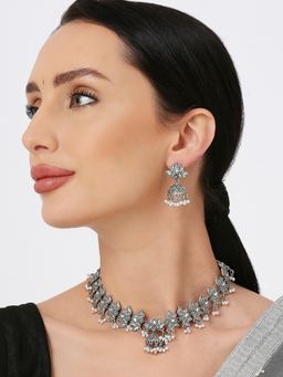 OOMPH - Oxidised Silver Tone Kundan Louts Choker Necklace Set With Jhumka Earrings