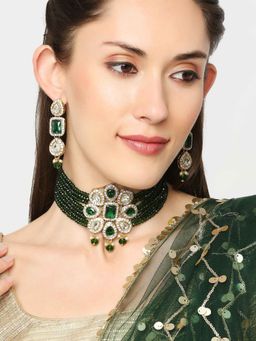OOMPH - Green Stone And Kundan Heavy Ethnic Choker Necklace Set With Drop Earrings