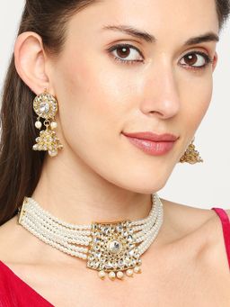 OOMPH - White Pearl And Kundan Multi Layer Ethnic Choker Necklace Set With Jhumka Earrings