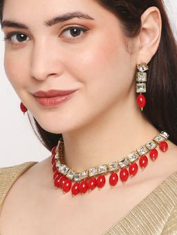 OOMPH - Red Maroon Beads And Kundan Ethnic Necklace Set With Drop Earrings