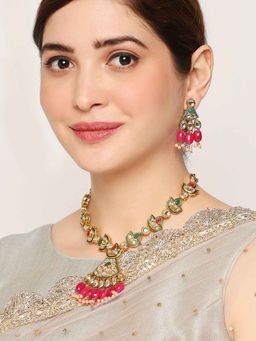 OOMPH - Pink Beads With Kundan Long Necklace Set With Earrings