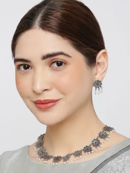 OOMPH - Oxidised Silver Floral Ethnic Choker Necklace Set With Earrings