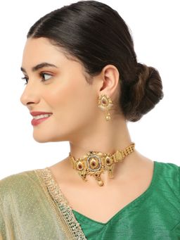 OOMPH - Antique Gold Tone Ethnic Choker Necklace Set With Drop Earrings - Red Stones