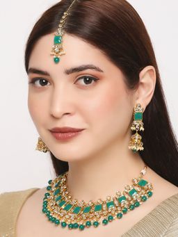 OOMPH - Green Beads And Kundan Multi Layer Ethnic Choker Necklace Set With Drop Earrings