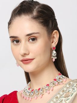OOMPH - Pink And Red Beads And Kundan Ethnic Choker Necklace Set With Drop Earrings