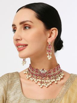 OOMPH - Maroon Red Kundan And Pearls Jadau Lotus Necklace Set With Drop Earrings