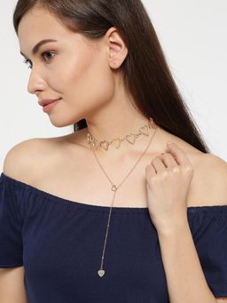 OOMPH - Gold Choker And Lariat Necklace - Delicate Fashion Heart Design (Pack of 2)