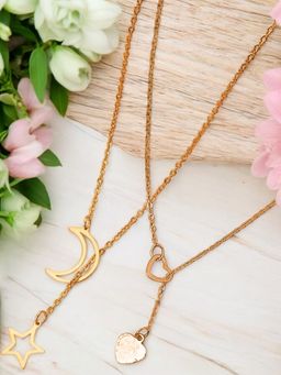 OOMPH - Gold Tone Delicate Lariat Chain Heart, Star And Moon Fashion Necklaces (Pack of 2)
