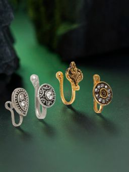 OOMPH - Antique Gold And Oxidised Stones And Pearls Ethnic Nose Rings (Pack of 4)