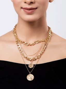 OOMPH - Gold Tone Multi Layer Multi Strand Coin Charm Link Chain Necklace