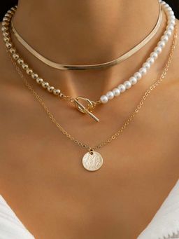 OOMPH - Gold Tone Pearl And Coin Charm Multi Layer Multi-Strand Fashion Necklace (Pack of 3)