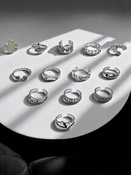 OOMPH Oxidized Silver Bohemian Toe Rings (Pack of 13)