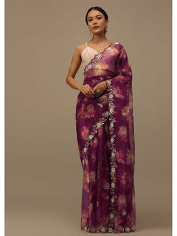 KALKI FASHION - Wine Cutdana Embellished Organza Floral Print Saree with Unstitched
