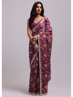 KALKI FASHION - Wine With Floral Print And Gota Patti Work Saree with Unstitched