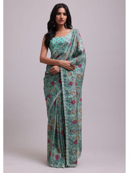 KALKI FASHION - Pista Green With Floral Print And Gota Patti Work Saree with Unstitched