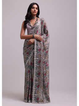 KALKI FASHION - Silver Grey With Floral Prints And Gota Patti Border Work Saree with Unstitched