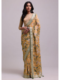 KALKI FASHION - Ochre Festive In With Floral Prints And Gota Patti Border Work Saree with Unstitched
