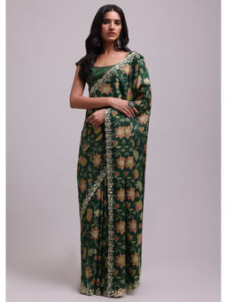 KALKI FASHION - Emerald With Floral Print And Gota Patti Work Saree with Unstitched