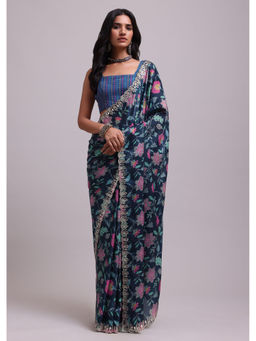 KALKI FASHION - Persian Blue With Floral Print And Gota Patti Work Saree with Unstitched