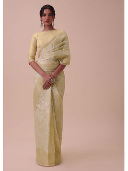KALKI FASHION - Ivory Kora Cotton Silk With Meenakari Butti All Over Saree with Unstitched