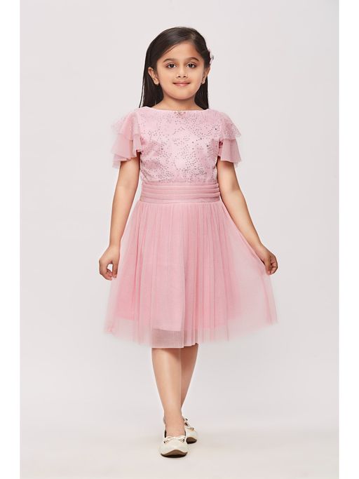 Buy TINY GIRL Half Sleeves Glitter Star Print Midi Dress - Pink Online