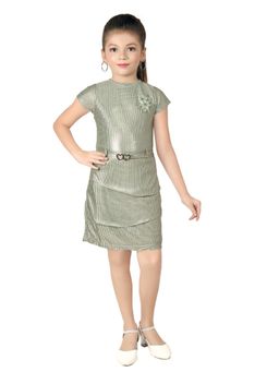 TINY GIRL - Textured Metallic With Floral Brooch And Belt Midi Dress - Green