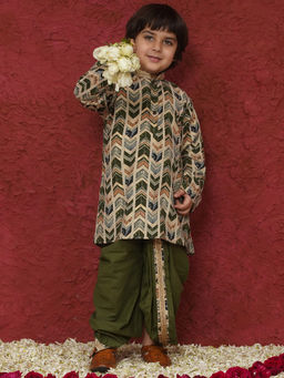 AJ Dezines - Green Cotton Abstract Print Dhoti Kurta for Boys