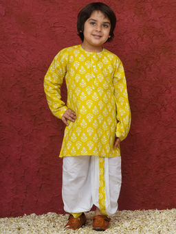 AJ Dezines - Yellow Cotton Floral Print Dhoti Kurta for Boys