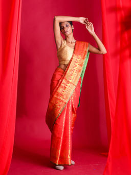 Beatitude - Orange Woven Banarasi Saree with Unstitched Blouse
