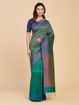 Fabindia - Green Linen Blend Hand Woven Saree Without Blouse