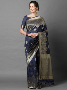 Akhilam - Navy Blue Festive Silk Blend Woven Design Saree with Unstitched Blouse