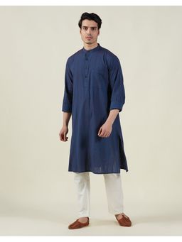 Fabindia - Men Navy Blue Cotton Woven Straight Kurta