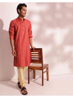 Fabindia - Men Coral Viscose Blend Stripes Straight Kurta