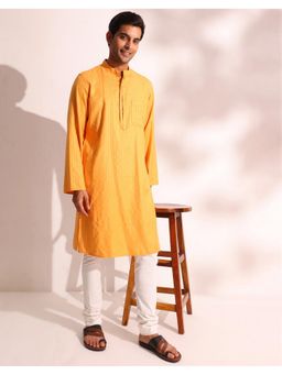 Fabindia - Men Mustard Viscose Blend Stripes Straight Kurta
