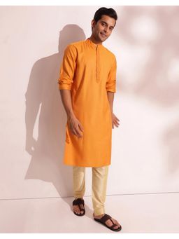 Fabindia - Men Yellow Viscose Blend Woven Straight Kurta