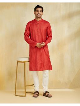 Fabindia - Men Red Viscose Blend Stripes Straight Kurta
