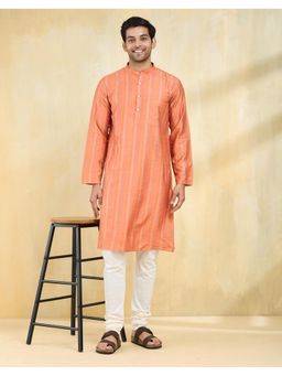 Fabindia - Men Orange Viscose Blend Stripes Straight Kurta
