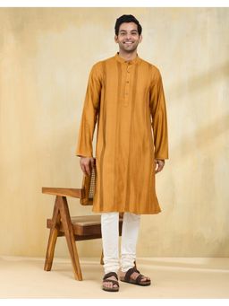 Fabindia - Men Mustard Viscose Blend Stripes Straight Kurta