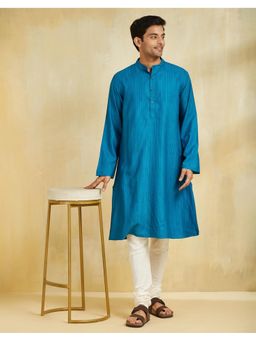 Fabindia - Men Blue Viscose Blend Geometric Straight Kurta