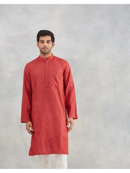 Fabindia - Men Red Silk Blend Stripes Straight Kurta