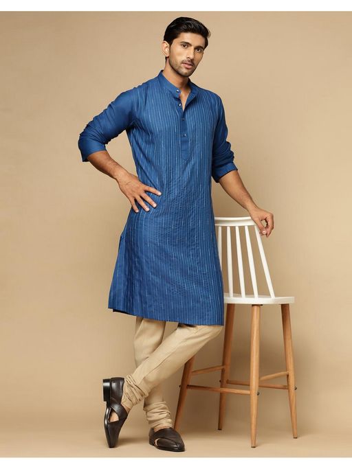 Fabindia Men Blue Viscose Blend Embroidered Straight Kurta