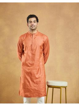 Fabindia - Men Orange Silk Blend Stripes Straight Kurta