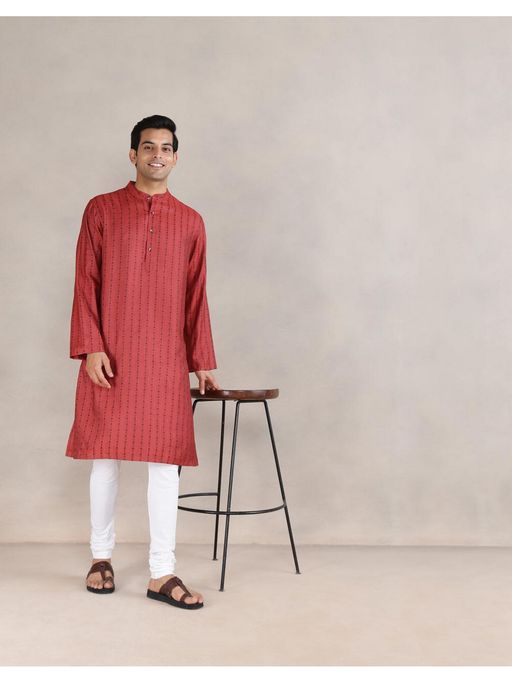 Fabindia Men Rust Viscose Blend Stripes Straight Kurta
