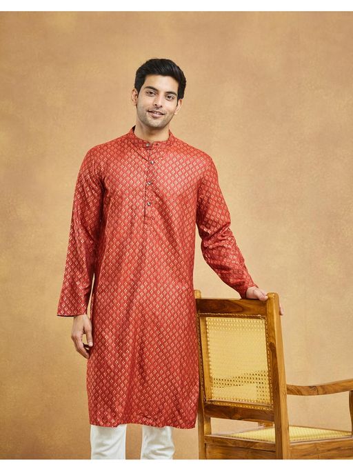 Fabindia Men Rust Viscose Blend Geometric Straight Kurta
