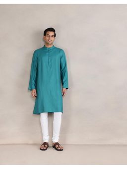 Fabindia - Men Teal Viscose Blend Woven Straight Kurta