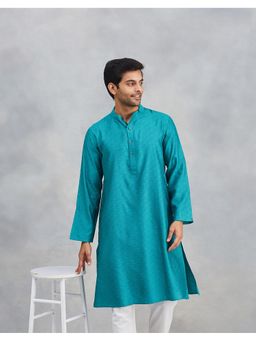 Fabindia - Men Teal Viscose Blend Woven Straight Kurta